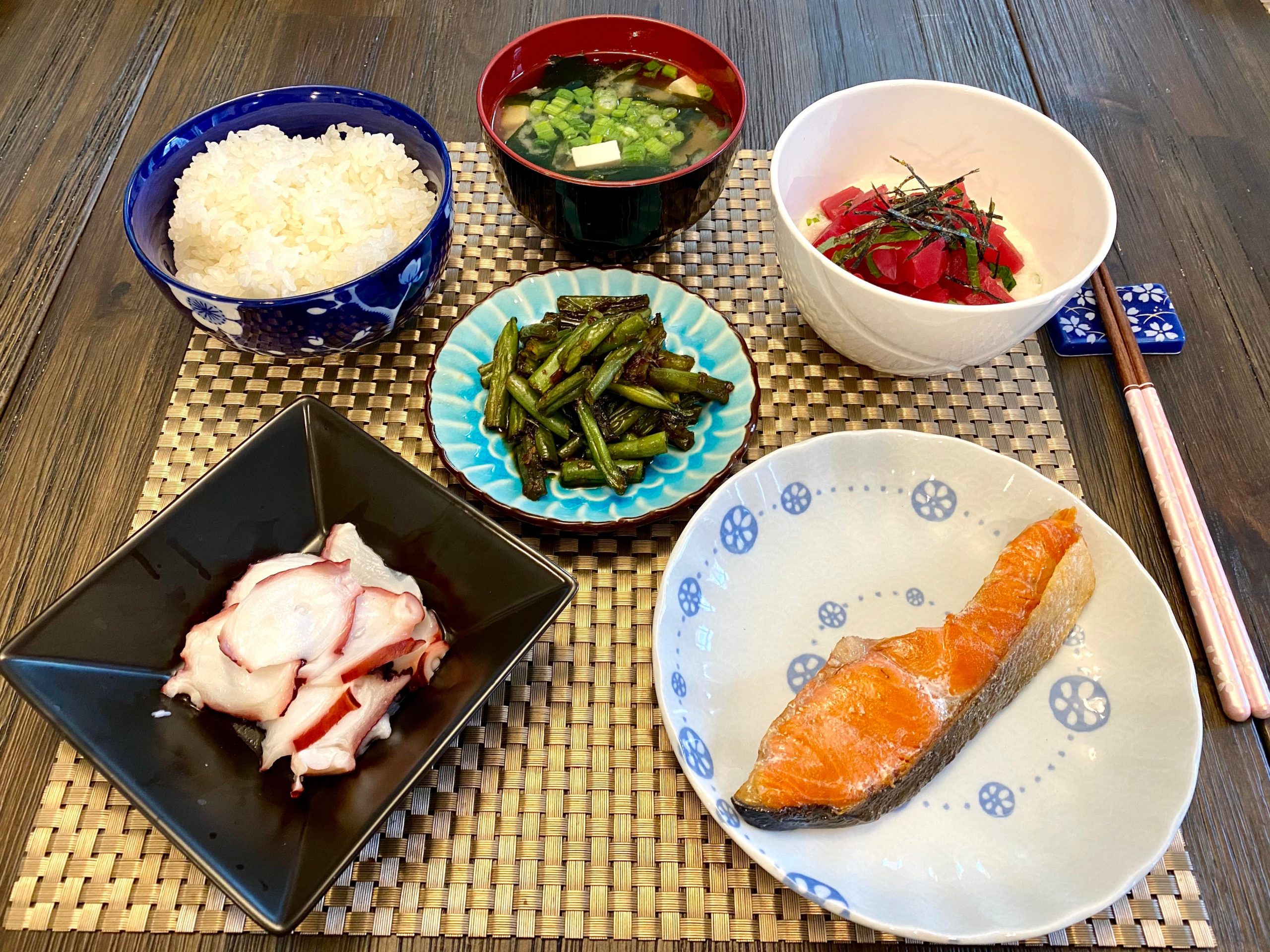 Salmon shioyaki, green beans, maguro yamakake, and tako