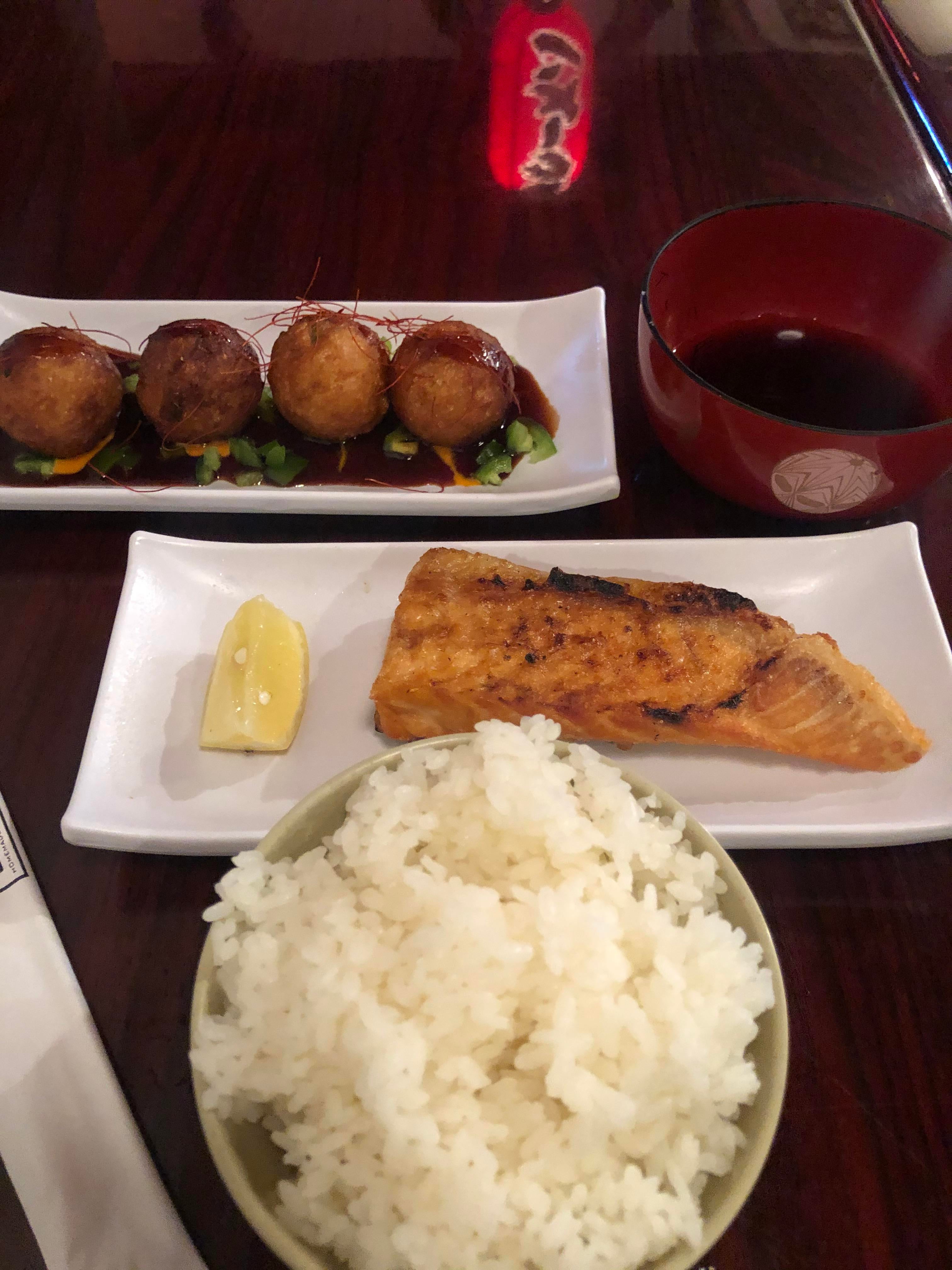 Simply some grilled salmon belly with rice and takoyaki Alo Japan