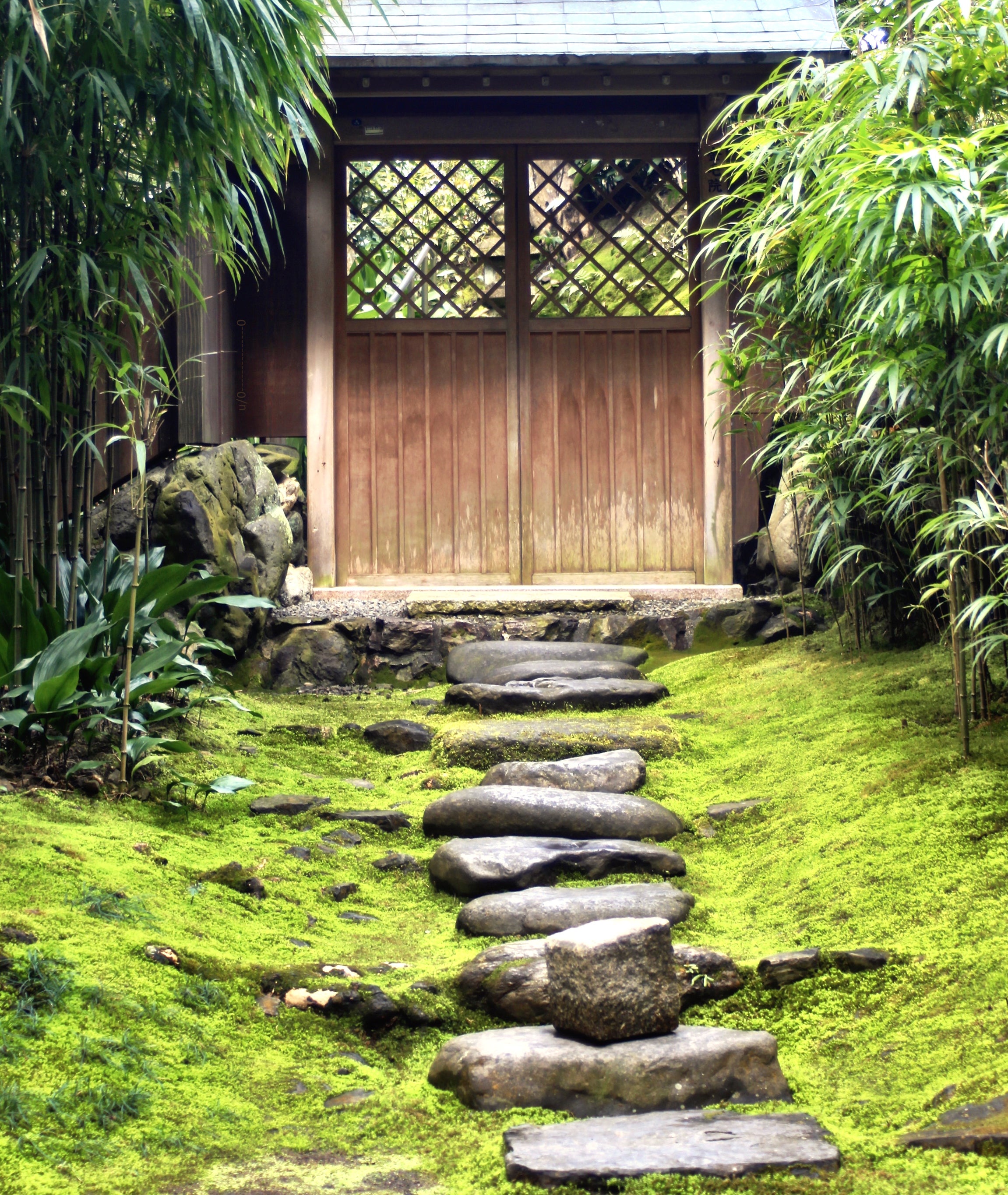 Stone Path Through The Moss To A Gate At Gio Ji Temple Kyoto Oc Alo Japan